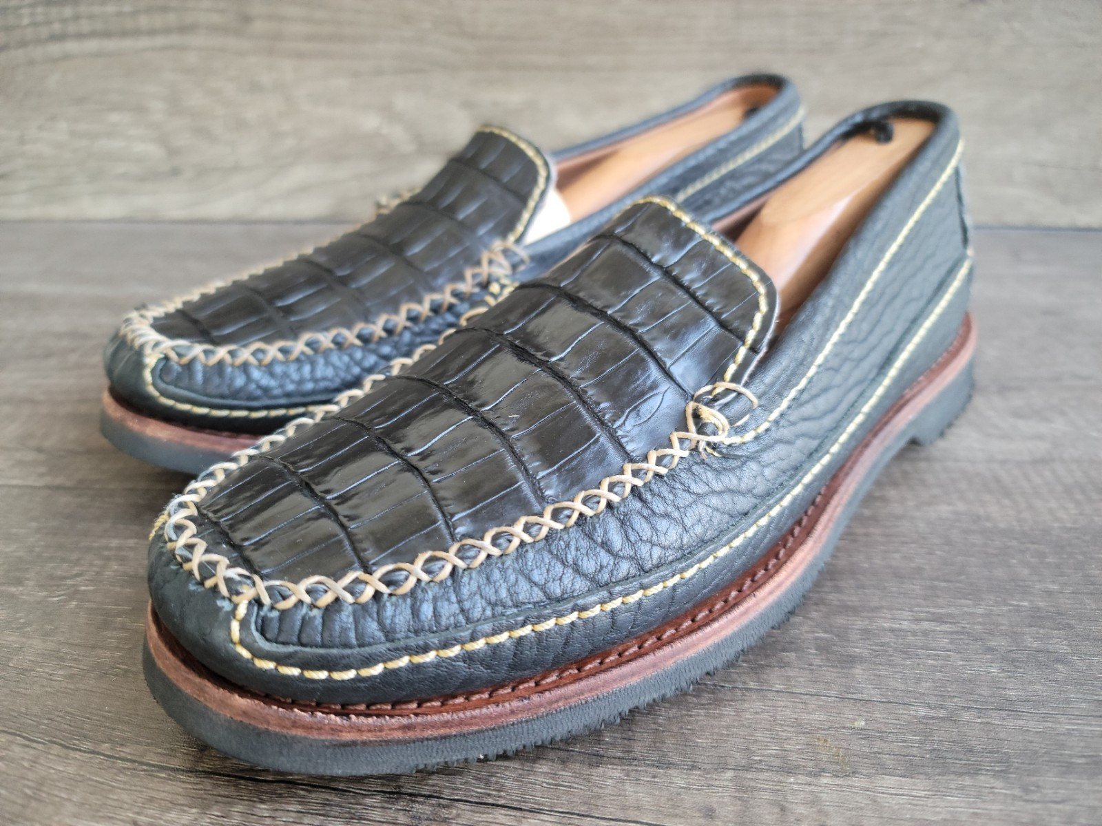 SAOLA Mocassini uomo Chippewa in pelle di bisonte di alligatore nero taglia 9.