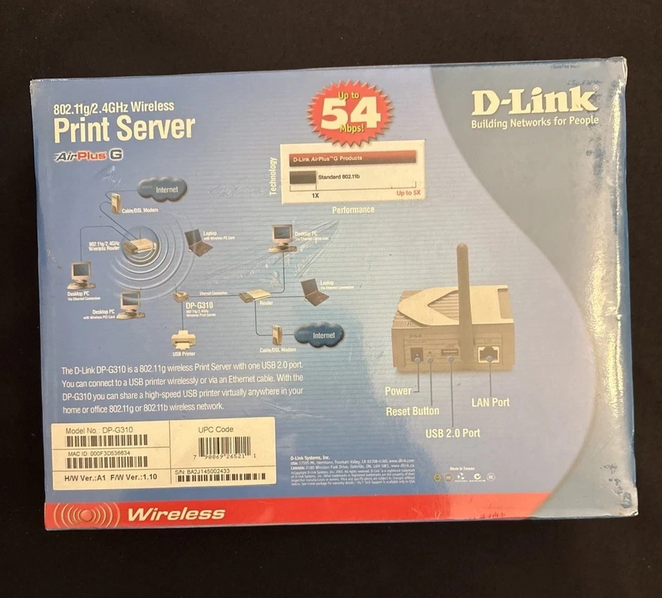 D-Link DP-G310 802.11g Wireless USB Print Server NEW in Box Sealed DP-G310 - Image 4 of 4