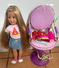 Girl Play Doll Blonde Straight Hair Blue Eyes, Salon Chair & Accessories