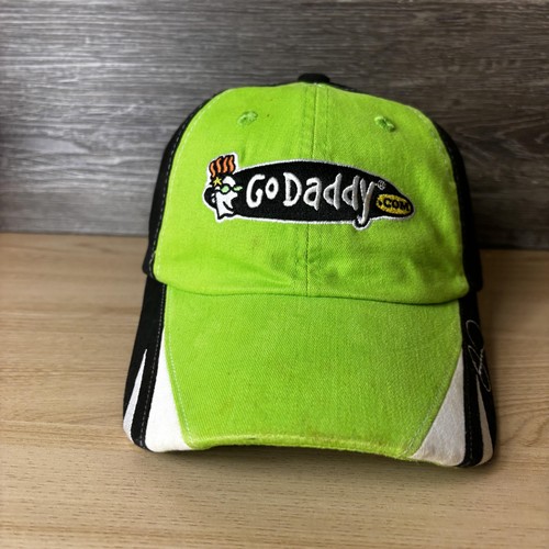 GoDaddy Racing Hat Cap Strap Back Black Green 10 NASCAR Auto Racing Mens