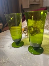 A Pair of Enchanted Moss/Avocado Green Crystal, Low Footed Goblets. Rare!