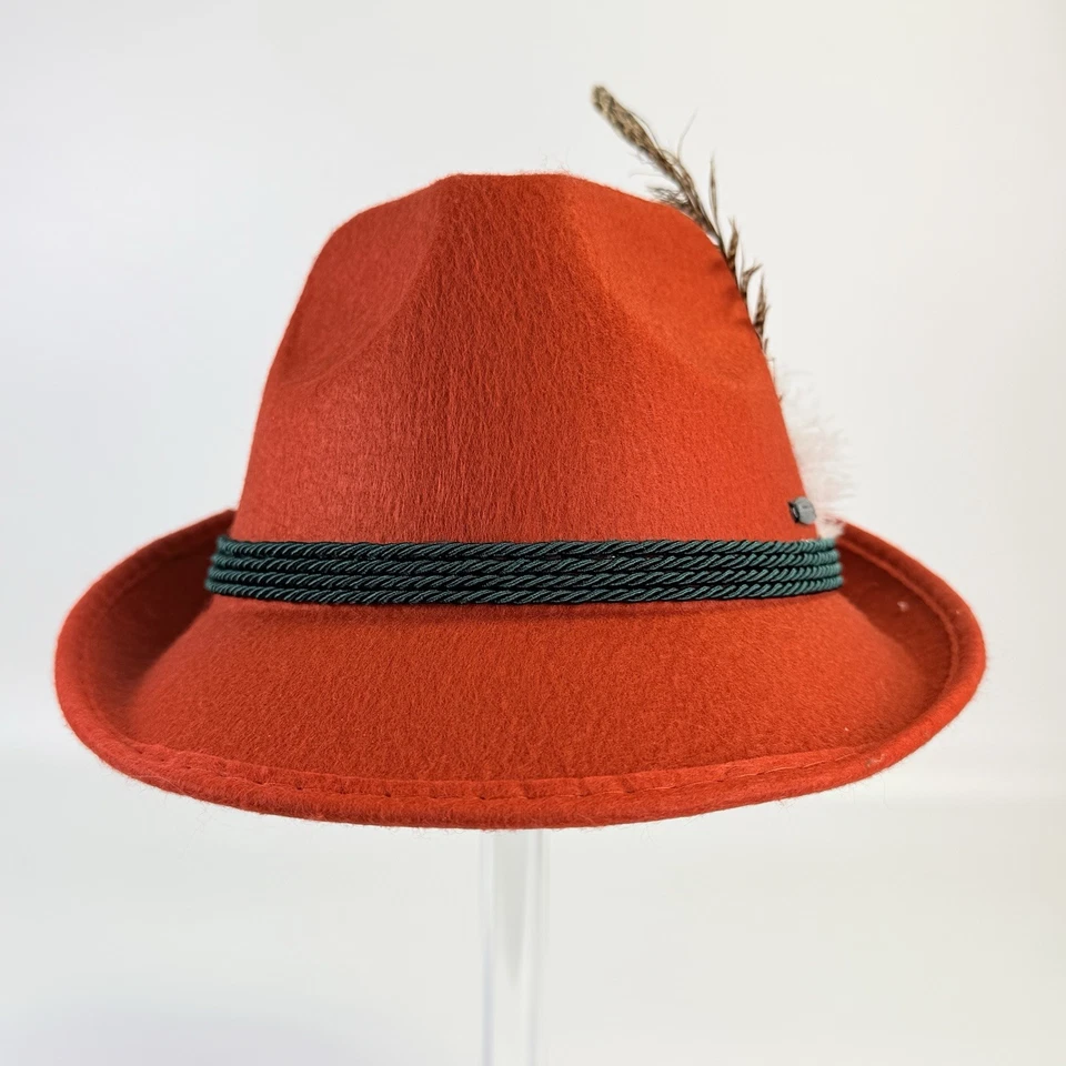 Red Wool Felt Hat German Bavarian Feather Fedora Oktoberfest Size Medium NWT - Image 2 of 4