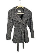 Calvin Klein Black White Wool Blend Belted Pea Coat Size OX Double Breasted