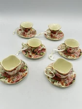 Vintage Mini Teacup & Saucer Ornaments Set of 6 Floral Gold Trim