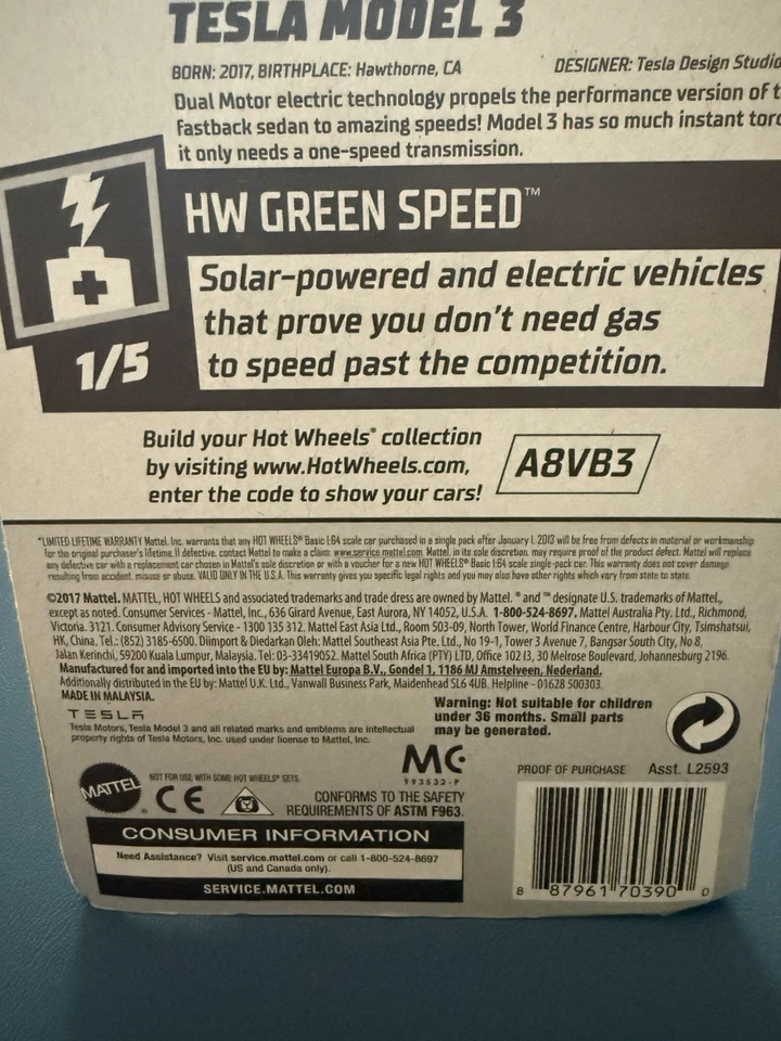 Hot Wheels Tesla Model 3 White 2019 2020 2021 New in Package HW Green Speed - Image 3 of 4
