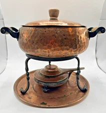 Swiss Stockli Netstal Hammered Copper FONDUE POT Burner, Stand, Lids, Tray