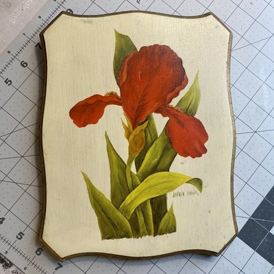 ORIGINAL PAINTING Flowers Garden Art Floral Red Iris Decor wood Nature wall hang