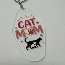 Clear Pink Black Acrylic Cat Mom Key Chain Animal Print Novelty Accent for Women