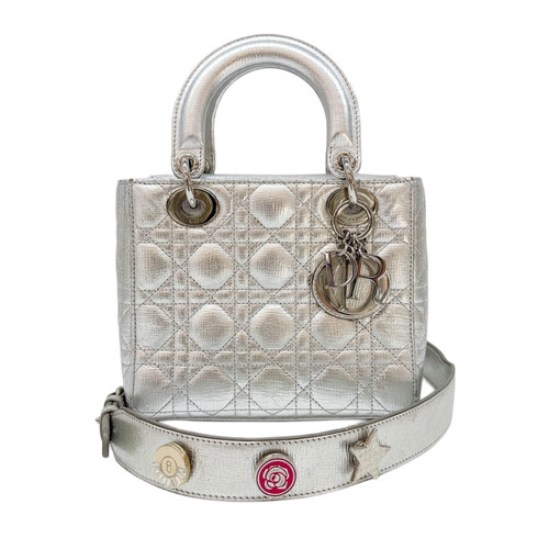 DIOR Lady Dior Silver Metallic Leather Two Way Bag