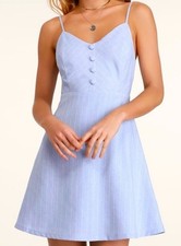 Lulus Shoreline Striped Blue White Dress Button Front Smocked Back County Small