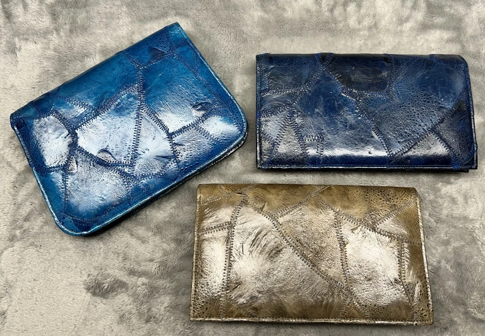 Lote de 3 clutch Saldana vintage de retazos de cuero — azul y tostado | vendedor de EE. UU. Foto 4 de 4