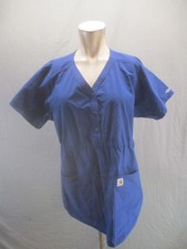 Carhartt Size L Womens Blue Short Sleeve V Neck Pockets Button Up Scrub Top 076
