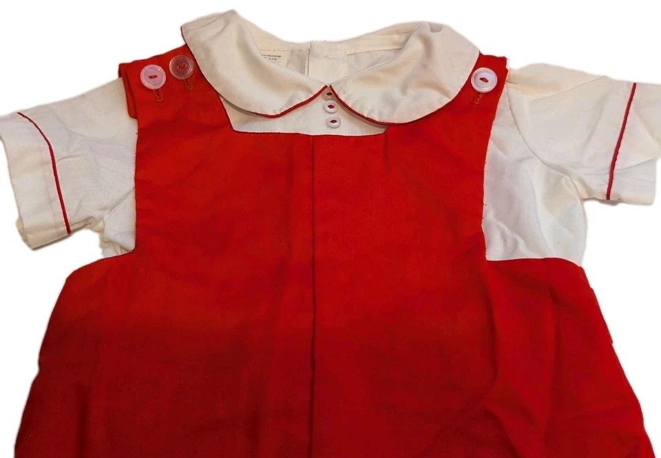 Винтажный 2шт белый воротник верх и красный комбинезон наряд Scottie собаки размер 24 месяцев - Изображение 4 из 4