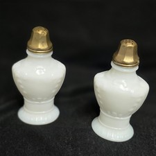 Antique Victorian Milk Glass Salt Pepper Shakers Pair 6&rdquo; Brass Tops c1890s