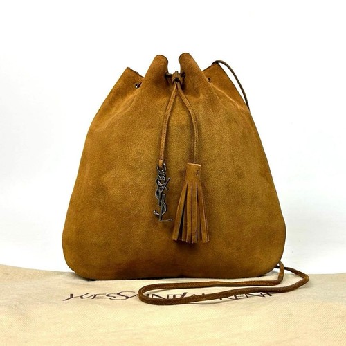 Saint Laurent Paris YSL Suede Drawstring Shoulder Bag Tassel Brown Vintage