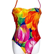 Vintage Gottex Swimsuit Multicolor Neon Floral High Cut Retro One Piece Size 14