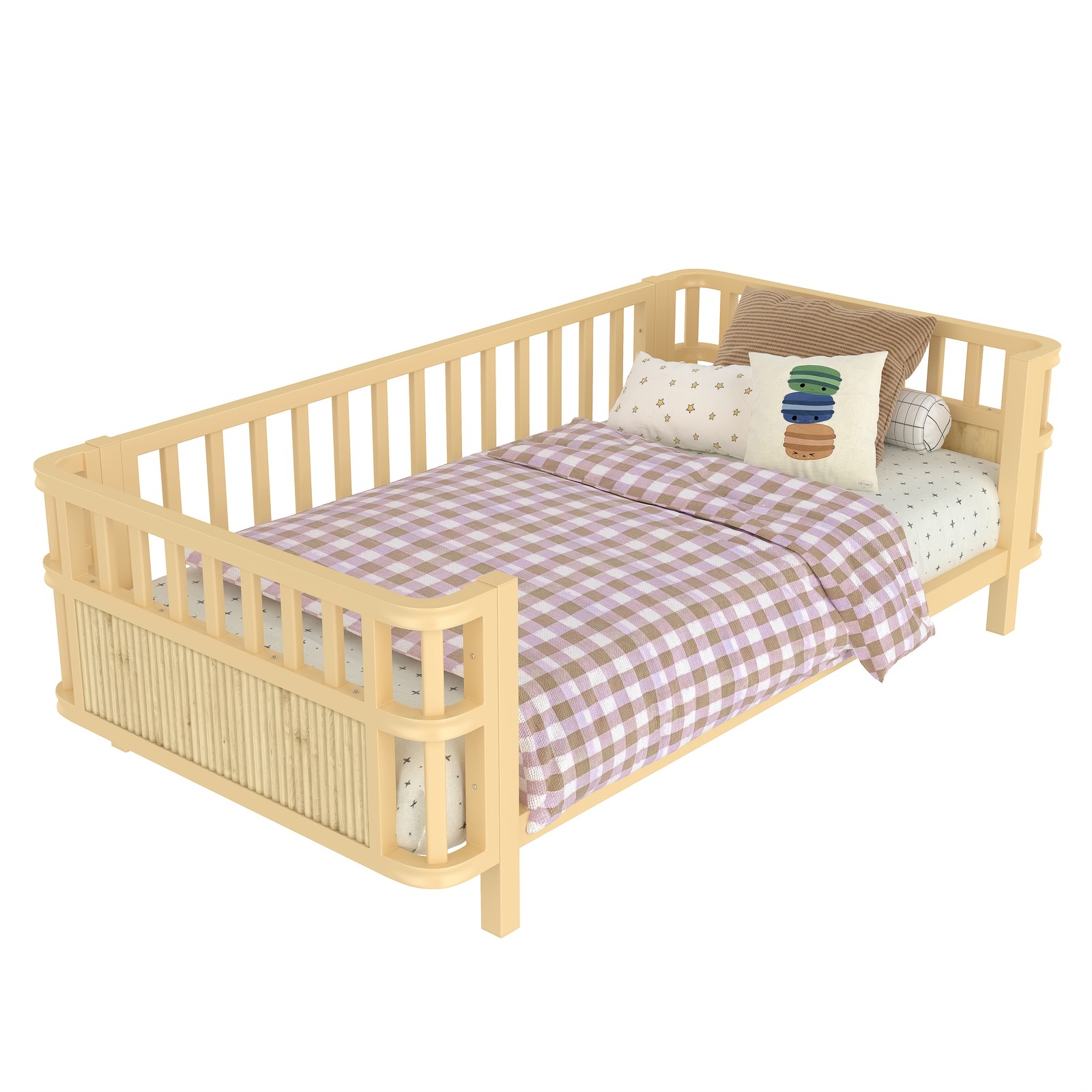 Twin Size Montessori Floor Bed Frame W/Fence Wood Slats for Kids Bedroom Natural