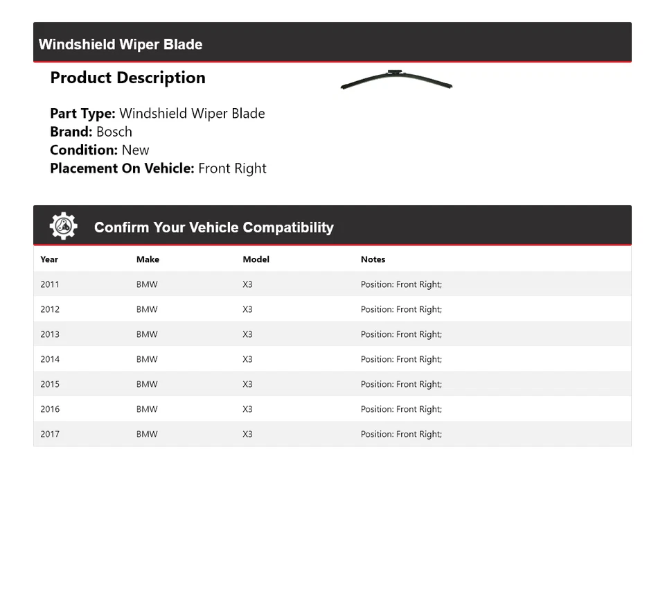 Limpiaparabrisas delantero derecho BMW X3 Bosch ICON 2011-2017 2012 2013 Foto 2 de 4