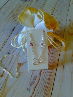JUNE Birth Day Light Amethyst Crystal Interlocking Heart Necklace 18'' x 2'' Ext.