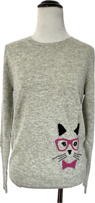 New J.Crew Cat in Pink Glasses and Bowtie Gray Sweater Small