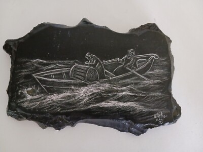 Wall Etching Fishermen at Sea Nautical Theme Signed Original by Loli