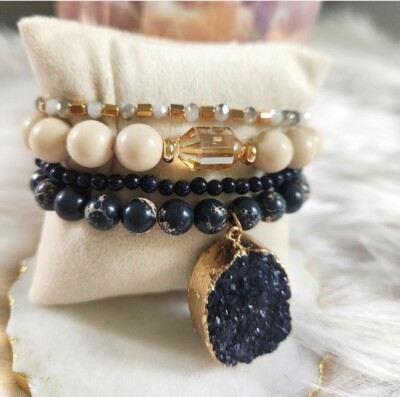 NWT Ryze Natural Stone Druzy and Cream Beaded Staxx Bracelets