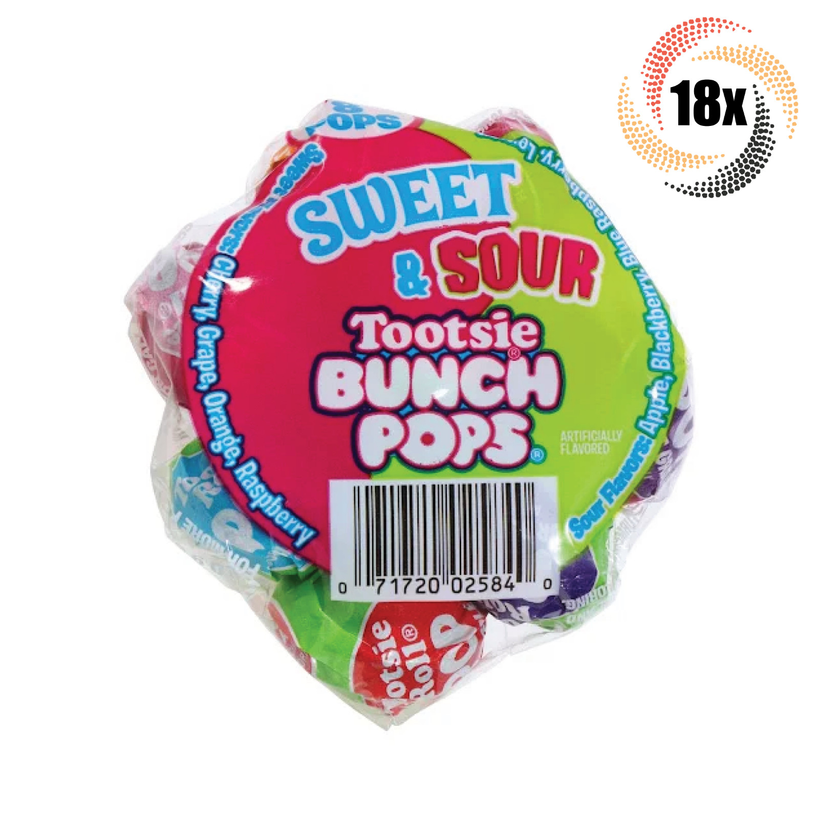 18 пакетиков леденцовых конфет Tootsie Bunch Pops с кисло-сладким ассорти из 18 пакетиков | по 8 пакетиков в каждом