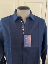 Mens Casual Long Sleeve Collared Button Shirt Navy w Pattern SLIM FIT M. NWT