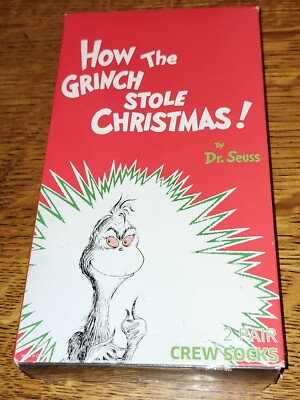 Dr. Seuss How The Grinch Stole Christmas Crew Socks 2 Pair With VHS Novelty Tray