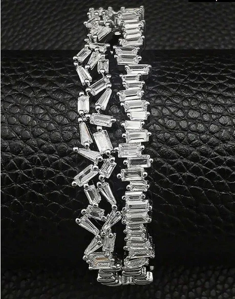 Luxury 16.35CT Baguette Cut White Sapphire Women's Wedding Cuff Bangle Bracelet - Image 2 of 4