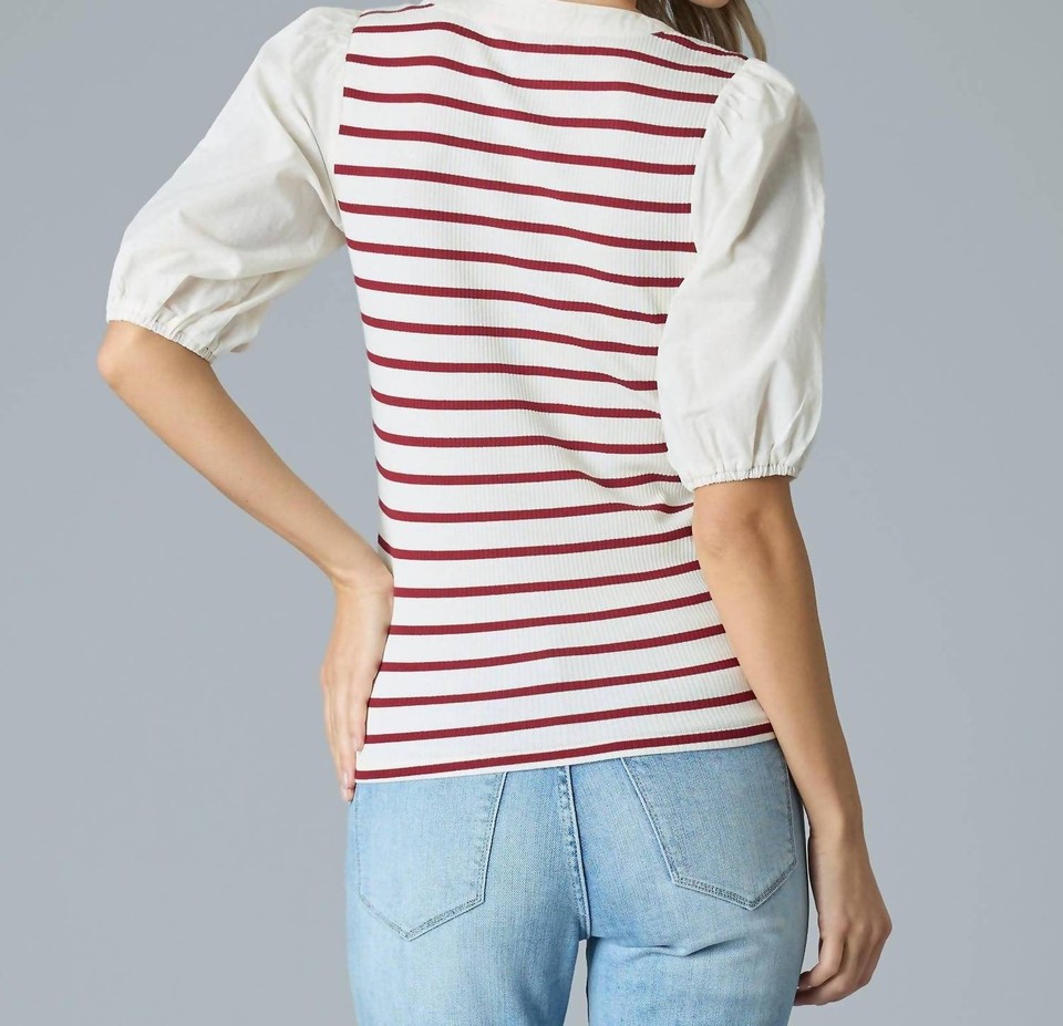 Downeast puff sleeve henley top in Tomato Stripe size M eBay