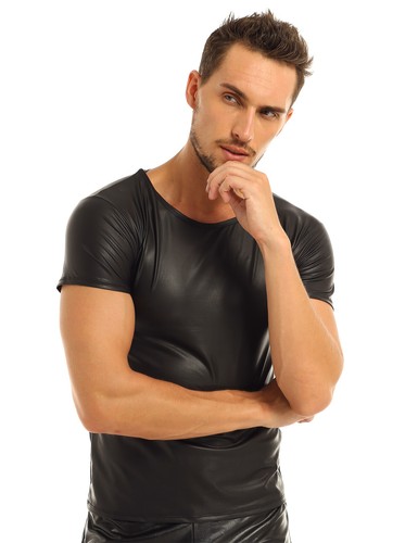 Black Faux Leather Mens T-Shirt 