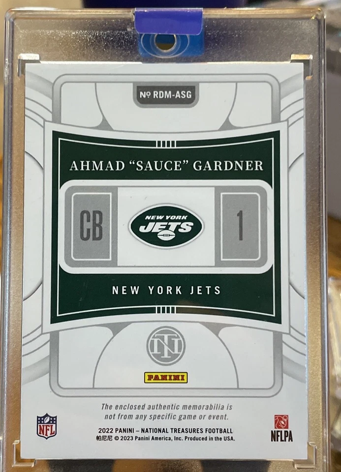 2022 Panini National Treasures Ahmad Sauce Gardner RC Dual Patch  1/5 Green - Image 2 of 2