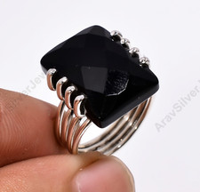 Natural Black Onyx Cut Stone Ring 925 Sterling Silver Handmade Statement Rings