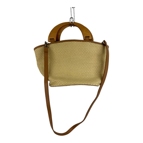 Fossil Womens 75082 Shoulder Bag Beige Wood Woven Canvas Dual Handle Snap 12" M