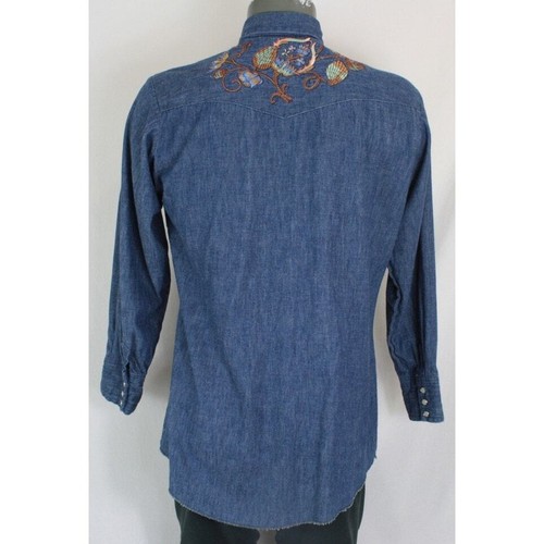 Vintage 70s Dee Cee Pearl Snap Blue Denim Embroidered Western Shirt Cowboy Rodeo - Picture 2 of 8