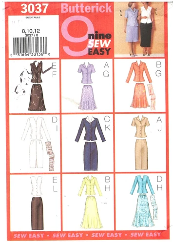 2001 Butterick Nine Sew Easy 3037 Misses Petite Top Skirt Scarf size 8-12 uncut
