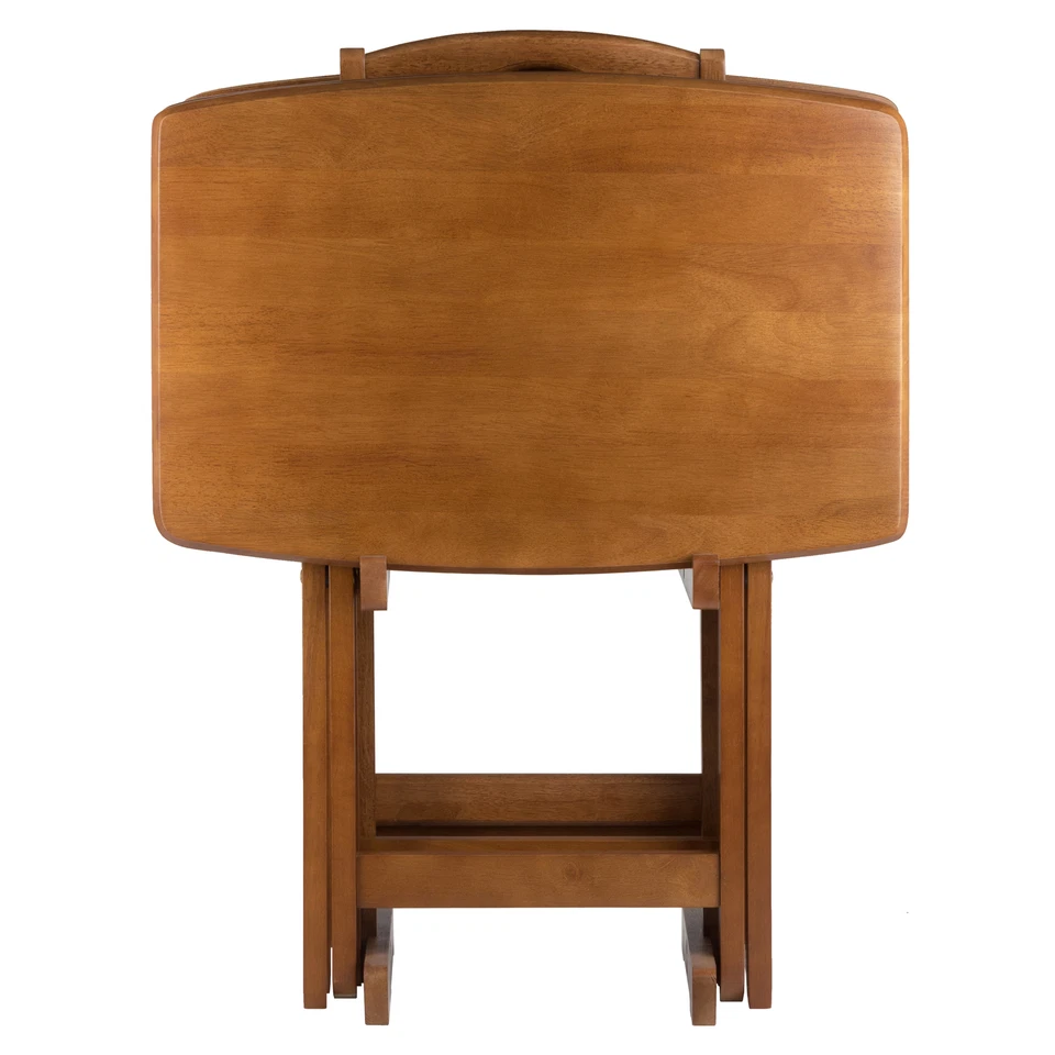 Juego de mesa bandeja madera plegable portátil con acabado de teca de 5 piezas soporte para aperitivos TV cena Foto 3 de 4