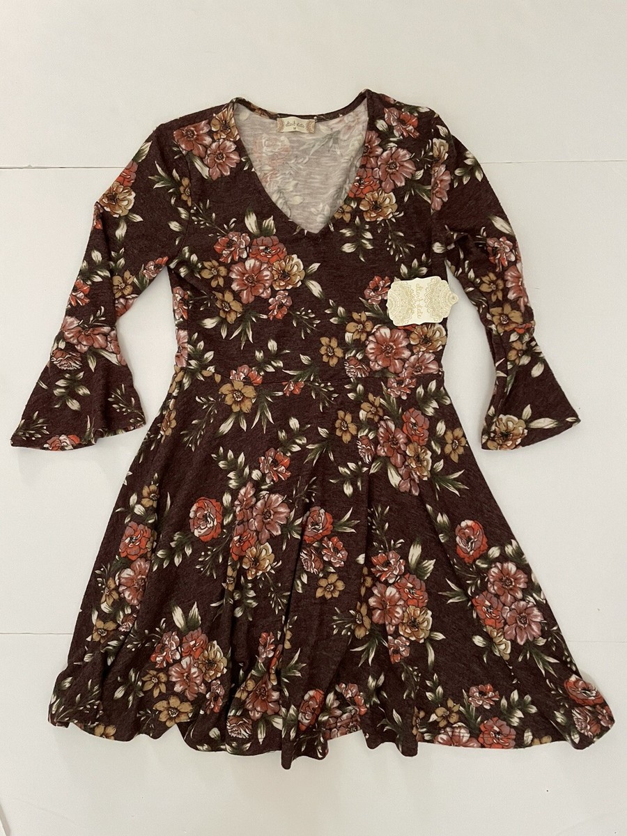 NWT Altar'd State Dress Brown Floral Flared Sleeves Fit & Flare Size M