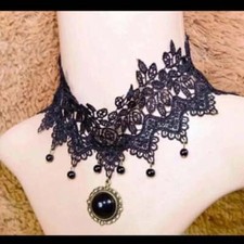 Black lace grand victorian style choker with black beads and pendant