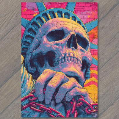 Art Print Skull Liberty Statue Chains Pink Neon Blue Yellow Sunset Brick Wall