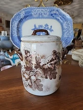 Antique Brown Transferware Aesthetic Movement Biscuit Jar Acorns Botanical