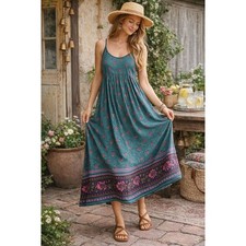 Natural Life Teal Floral Border Print Maxi Dress Sz S Boho Cottagecore Festival