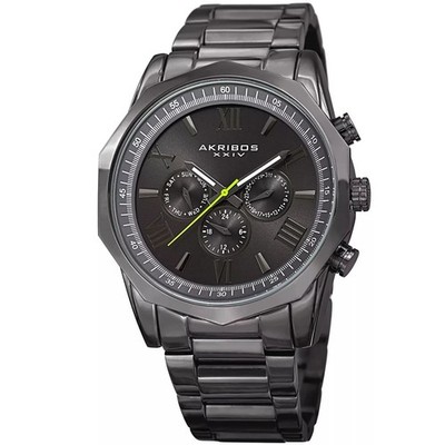 Akribos XXIV AK940GN Dual Time Day Date Dodecagonal Quartz Gunmetal Mens Watch
