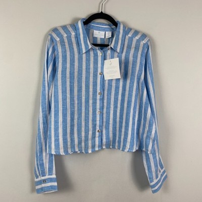 Cynthia Rowley Linen Button Up Shirt Size L Blue White Stripe Crop Long Sleeve