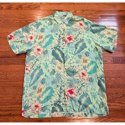 Kenny Flowers Hawaiian Shirt Mens 2XL Rayon Green Tropical Hibiscus Floral Aloha
