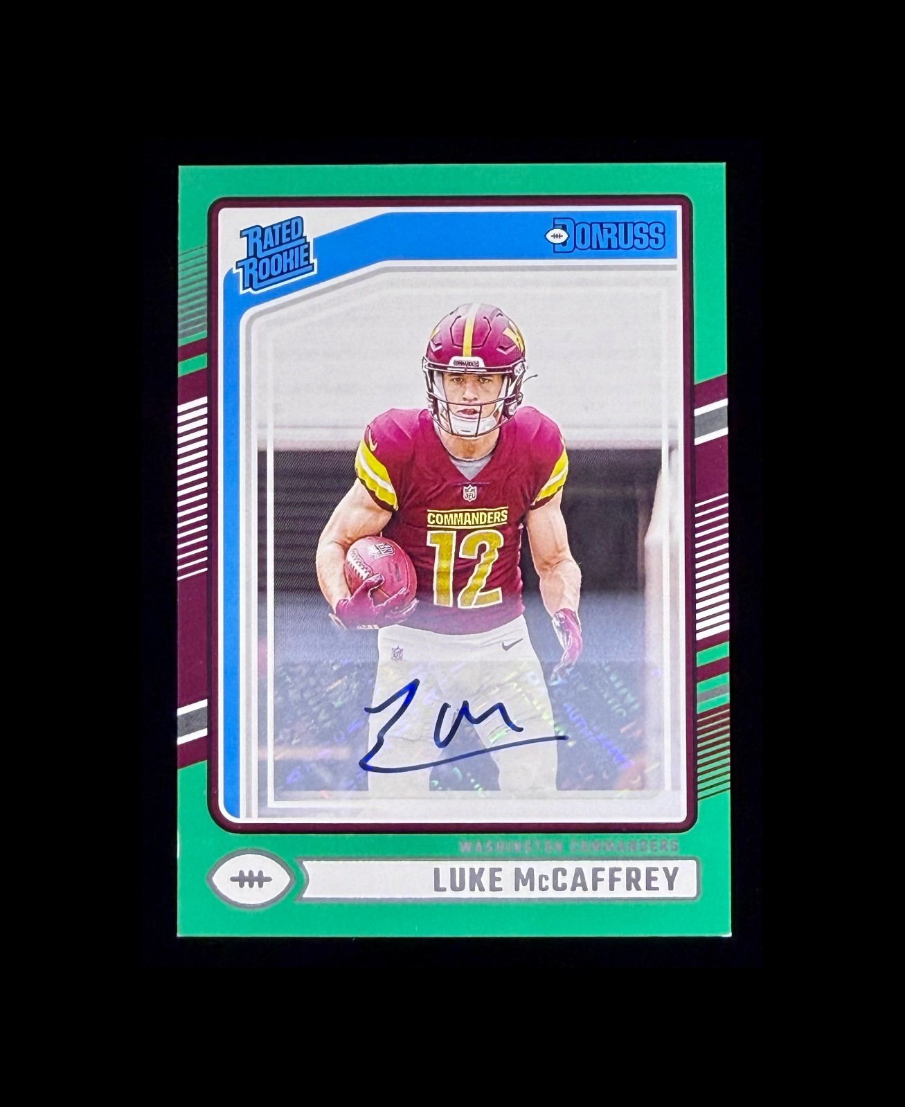 Luke McCaffrey 2024 Panini Donruss #302 Rated Rookies Autographs Green