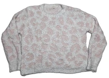 POL Fuzzy Leopard Print Sweater Women’s M White Pink Soft Cozy Pullover