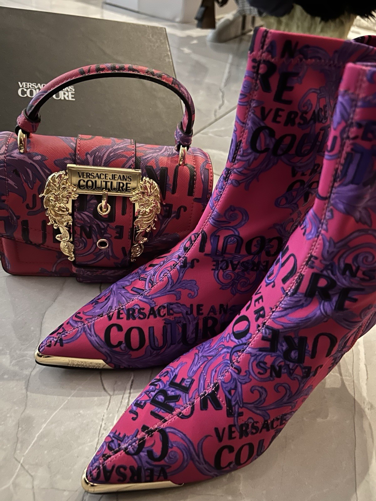 Versace Jeans Couture Pink Baroque Ankle Boots UK6 EU39 + Bag NEW