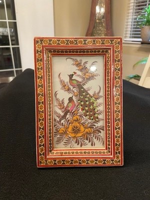 Khatam Marquestry Frame Birds Floral Hand Painted on silk 5.5X8.5 Free standREAD